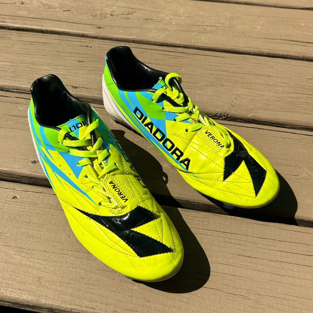 Diadora Verona Neon Yellow Blue Green and Black Soccer Cleats | US 7 EU 38.5